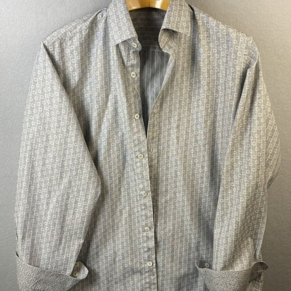 Bugatchi Uomo Dress Shirt Mens 16‎ 1/2 L Button Down 34/35 Shaped Fit Luxury